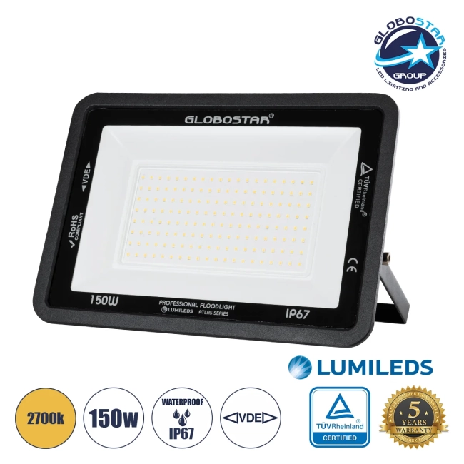  ATLAS 61430 Προβολέας LED 150W 17250lm 120° AC 220-240V Αδιάβροχο IP67 Θερμό Λευκό 2700K - Lumileds SMD Chip - TÜV Rheinland Certified - Μαύρο Ματ - Μ32 x Π4 x Υ23cm - 5 Χρόνια Εγγύηση
