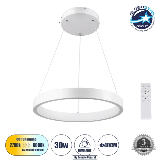  NEMESIS 61156 Μοντέρνο Κρεμαστό Φωτιστικό Οροφής LED 30W 3000lm 360° AC 220-240V IP20 Ρυθμιζόμενο Λευκό CCT με Χειριστήριο από 2700K έως 6000K Dimmable - Lumileds SMD Chip - Λευκό Ματ - Μ40 x Π40 x Υ4cm - 3 Χρόνια Εγγύηση