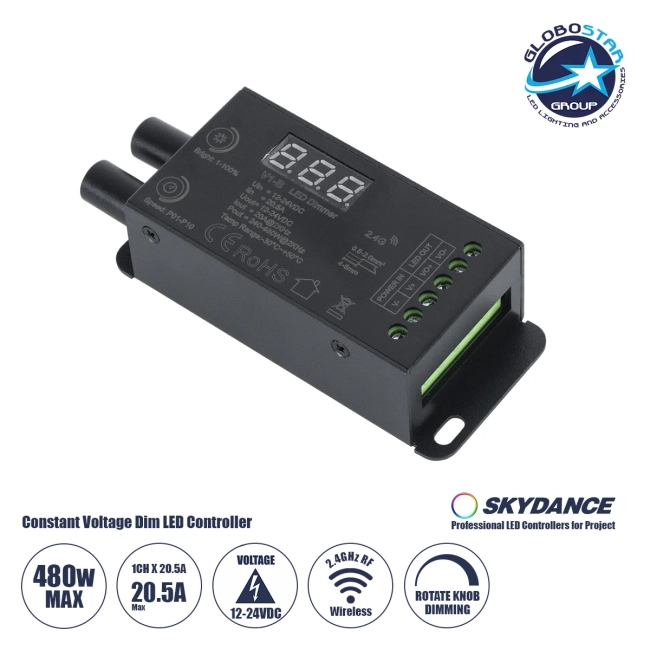 73116 V1-B SKYDANCE DC RF 2.4Ghz Dimmer Constant Voltage Controller 1 Κανάλι DC 12-24V 1 x 20.5A 480W - Max 20.5A 480W - IP20 Μ9 x Π4 x Υ2.8cm - 5 Χρόνια Εγγύηση 73116 V1-B SKYDANCE DC RF 2.4Ghz Dimmer Constant Voltage Controller 1 Κανάλι DC 12-24V 1 x 20.5A 480W - Max 20.5A 480W - IP20 Μ9 x Π4 x Υ2.8cm - 5 Χρόνια Εγγύηση