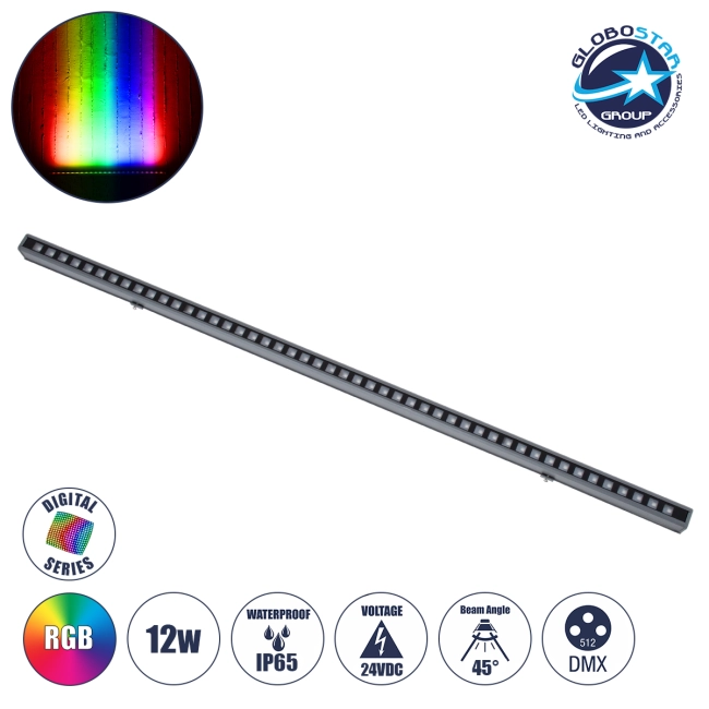 DIGIBAR 90212 Ψηφιακή Pixel Addressable Facade Μπάρα LED 12W 600lm 45° DC 24V Αδιάβροχο IP65 8 x Pixel Πολύχρωμο RGB Dimmable DMX512 SPI/TTL Protocol IC UCS512C4 - Bridgelux SMD Chip - Γκρι Ανθρακί - Μ100 x Π3.5 x Υ3.2cm - 3 Χρόνια Εγγύηση