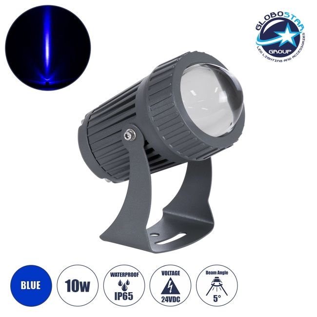 SPOTFENIA 90136 Αρχιτεκτονικό Σποτ Φωτισμου LED 10W 850lm 5° DC 24V Αδιάβροχο IP65 Μπλε Dimmable - Bridgelux COB Chip - Γκρι Ανθρακί - Μ7 x Π7 x Υ12cm - 3 Χρόνια Εγγύηση