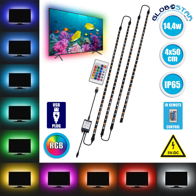  70406 Σετ Ταινία TV Kit LED RGB SMD 5050 2m (4x50CM) 14.4W/2m 60LED/2m 1454 lm/2m 120° USB DC 5V Οπίσθιου Κρυφού Φωτισμού για Τηλεόραση με Ασύρματο Τηλεχειριστήριο Αδιάβροχο IP65 RGB
