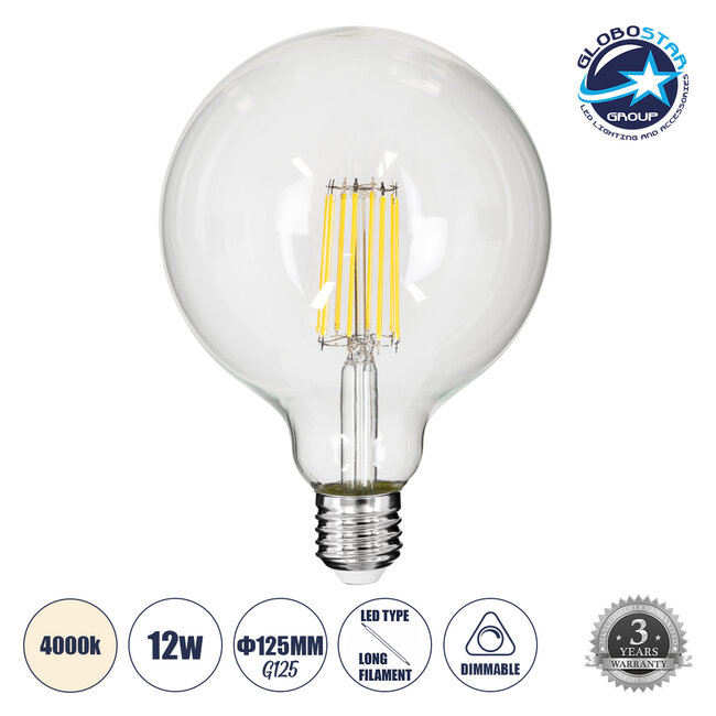 99055 Λάμπα LED Long Filament E27 G125 Γλόμπος 12W 1320lm 360° AC 220-240V IP20 Φ12.5 x Υ18cm Φυσικό Λευκό 4000K με Διάφανο Γυαλί - Dimmable - 3 Years Warranty