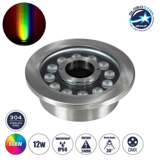UNDERWATER-DENIS 90440 Υποβρύχιο Χωνευτό Φωτιστικό Σποτ Ειδικό για Σιντριβάνια - Πισίνες - Τζακούζι LED 12W 1020lm 30° DC 24V Αδιάβροχο IP68 Φ19.5 x Υ7.5cm RGBW DMX512 - Ανοξείδωτο Ατσάλι SS304 - 3 Years Warranty