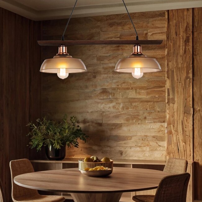 LOAN 203-0288 Μοντέρνο Κρεμαστό Φωτιστικό Οροφής με Ντουί 2 x E27 AC 220-240V IP20 - Καφέ & Μπρονζέ - Μ70 x Π25.5 x Υ19cm - 4