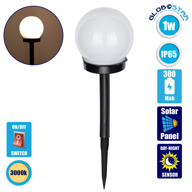 71471 Αυτόνομο Ηλιακό Φωτιστικό LED SMD 1W 95lm με Ενσωματωμένη Μπαταρία 300mAh - Φωτοβολταϊκό Πάνελ με Αισθητήρα Ημέρας-Νύχτας Αδιάβροχο IP65 Φανάρι Κήπου Στρογγυλό Θερμό Λευκό 3000K