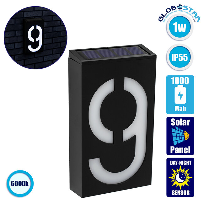 71519 Αυτόνομο Ηλιακό Φωτιστικό LED SMD 1W 100 lm με Ενσωματωμένη Μπαταρία 1000mAh - Φωτοβολταϊκό Πάνελ με Αισθητήρα Ημέρας-Νύχτας για Αρίθμηση Δρόμου με Αριθμό 9 IP55 Ψυχρό Λευκό 6000k