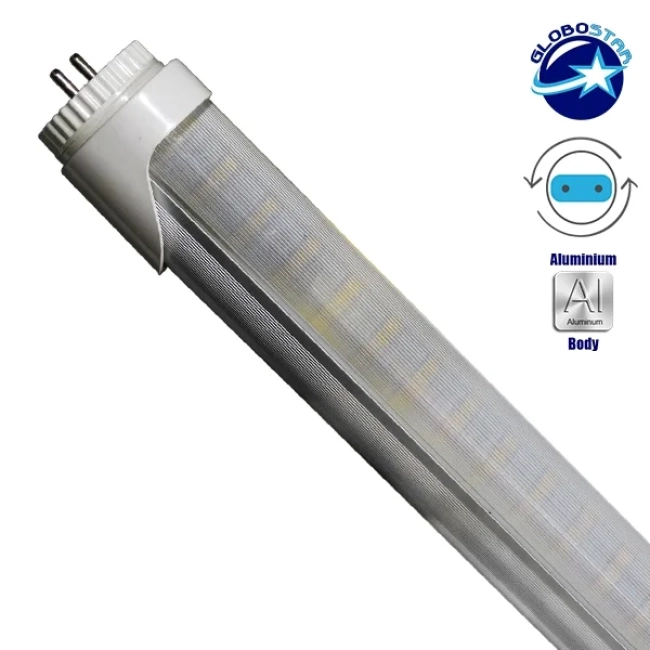 76185 Λάμπα LED Τύπου Φθορίου T8 Αλουμινίου Τροφοδοσίας Δύο Άκρων 120cm 20W 230V 1800lm 180° με Καθαρό Κάλυμμα Θερμό Λευκό 3000K - 3