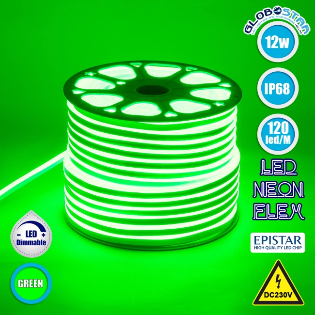 70574 OVALE 120° Degree Neon Flex Epistar LED SMD 2835 1m 12W/m 120LED/m 1212lm/m 120° DC 230V Αδιάβροχη IP68 Πράσινο Dimmable