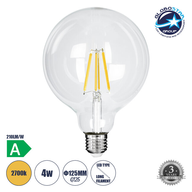 99085 Λάμπα LED Long Filament E27 G125 Γλόμπος 4W 840lm 360° AC 220-240V IP20 Φ12.5 x Υ13.8cm Θερμό Λευκό 2700K με Διάφανο Γυαλί - Pro Series 210lm/W - A Ενεργειακή Κλάση - 3 Χρόνια Εγγύηση